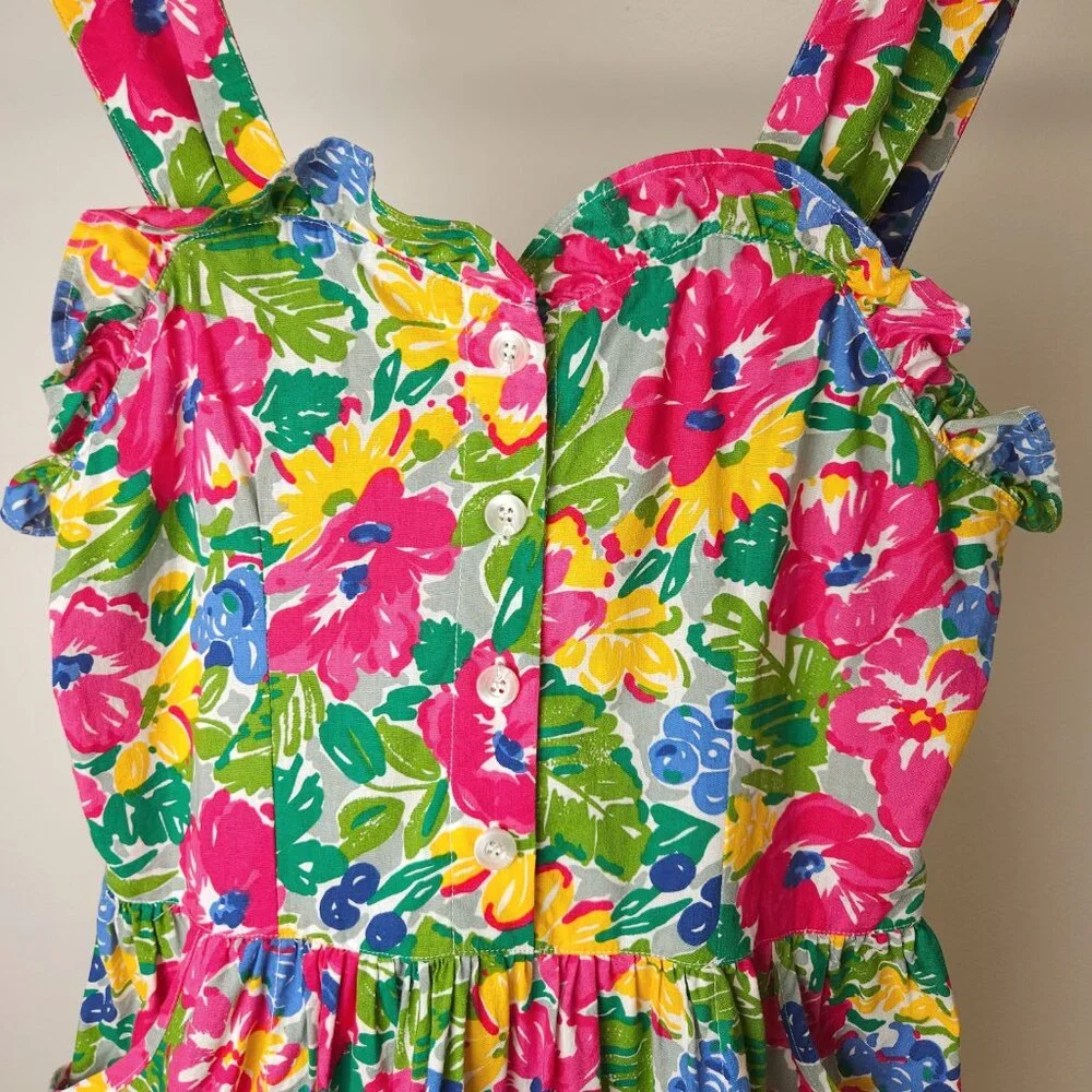 Vintage tropical cotton floral sleeveless midi dress, ruffle sweetheart neckline - Picture 8 of 13